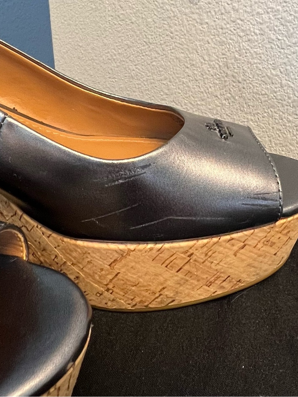 COACH Ferry Cork Wedge Metallic Gunmetal & Leather Peep Toe Slingback Sz 8.5 B - Picture 5 of 11